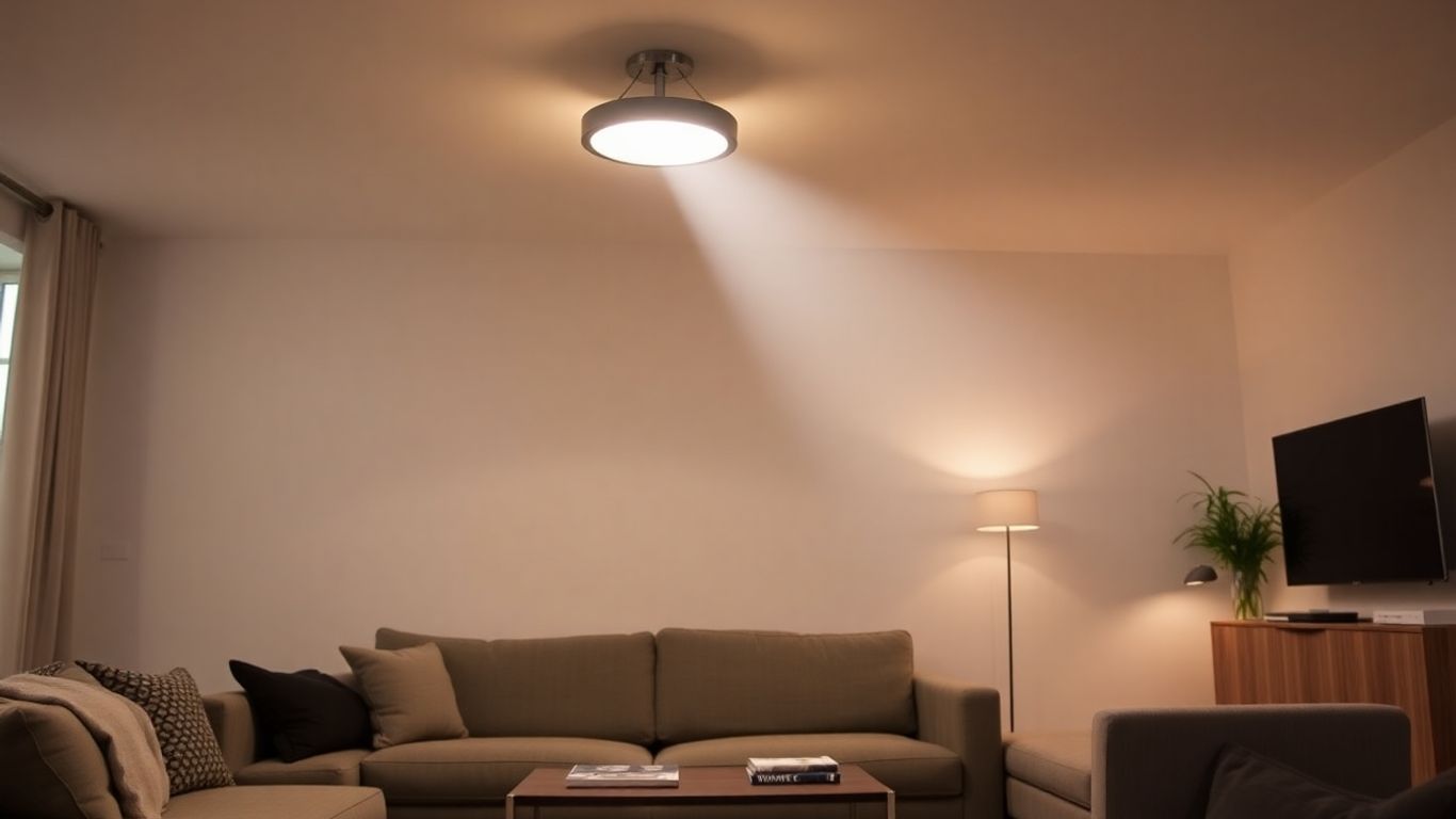 Adjustable ceiling light illuminating a modern living room.