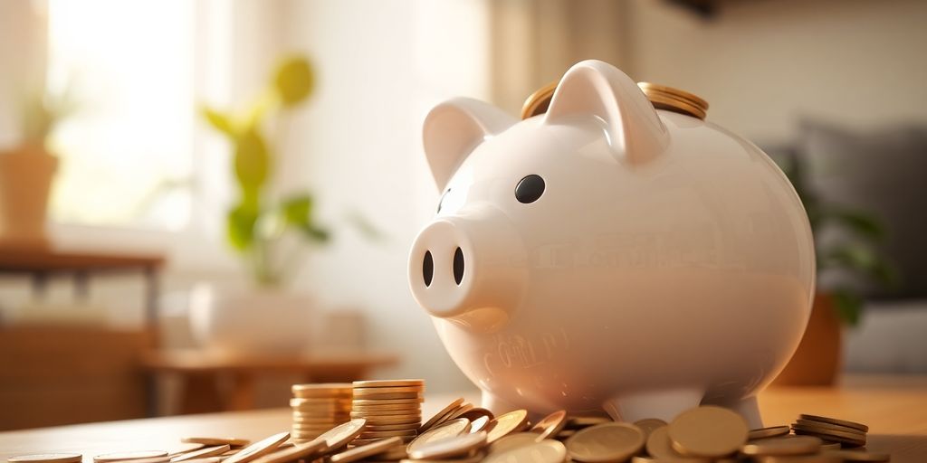 Modern piggy bank with coins in a cozy setting.