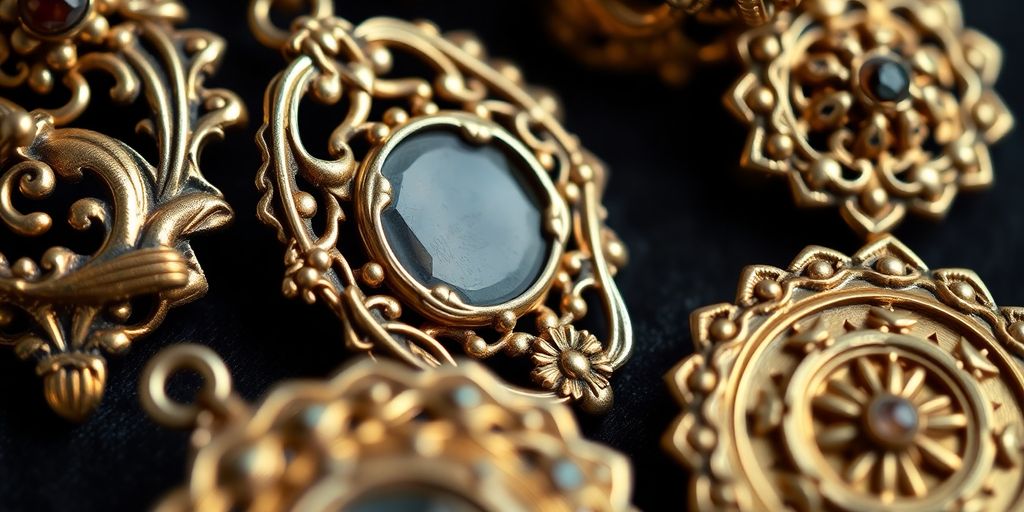 Bijoux en or anciens avec détails historiques et artistiques.