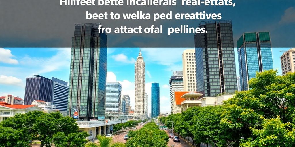 Bangkok skyline with modern buildings and greenery.
