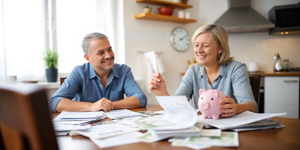 Australian couple reviewing bills with a piggy bank.