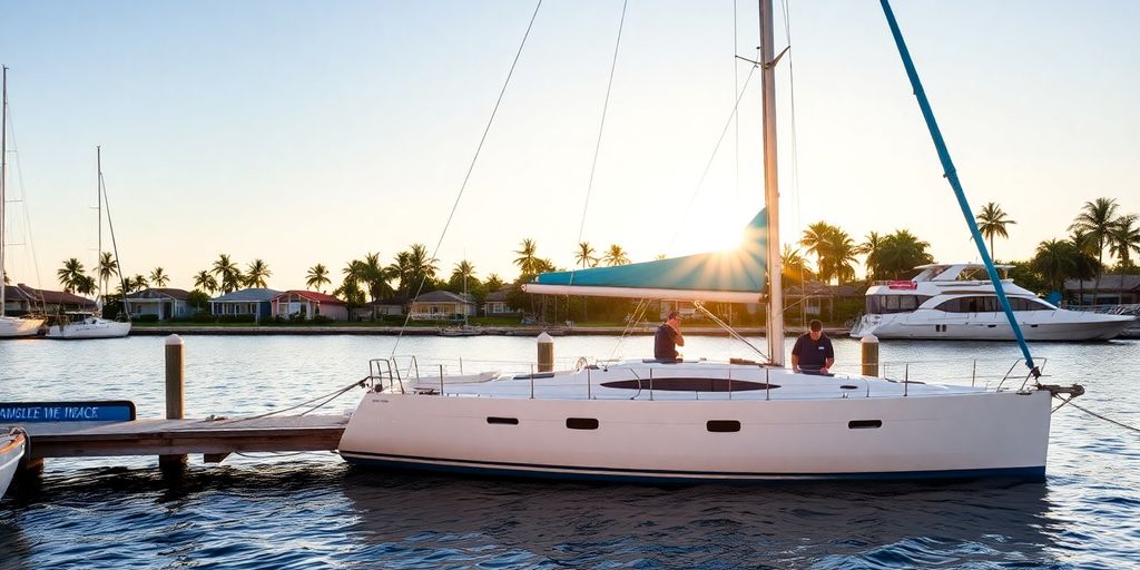 White sailboat moored at sunrise beside palm-fringed coastline, glistening water