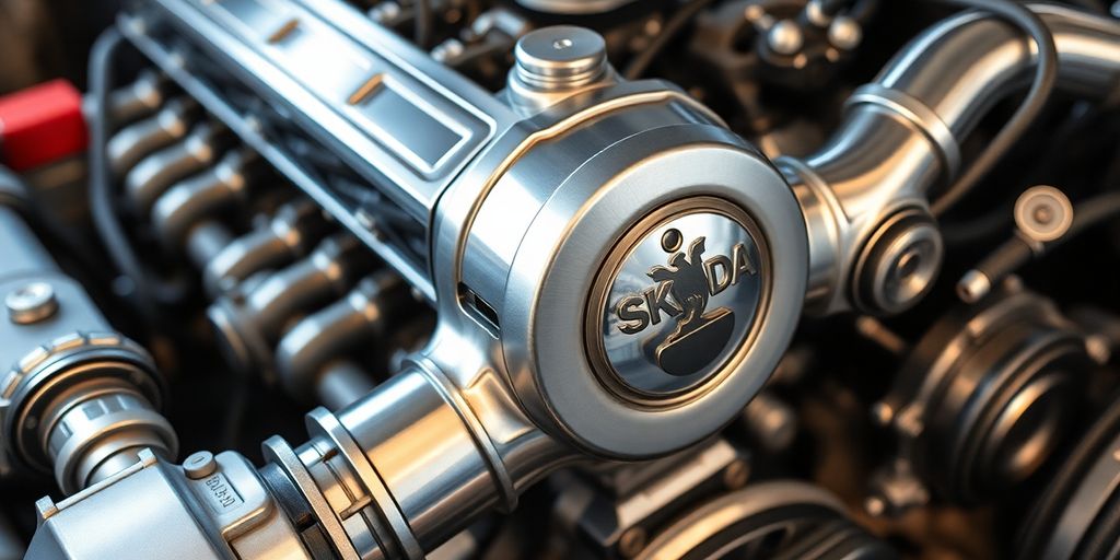Skoda engine block with various components.