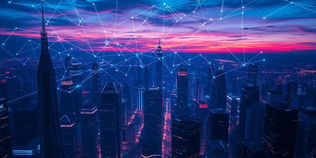 Futuristic cityscape with glowing AI neural network.