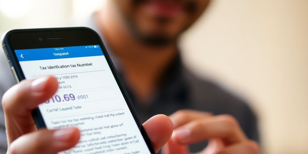 Person holding smartphone with Tax Identification Number visible.