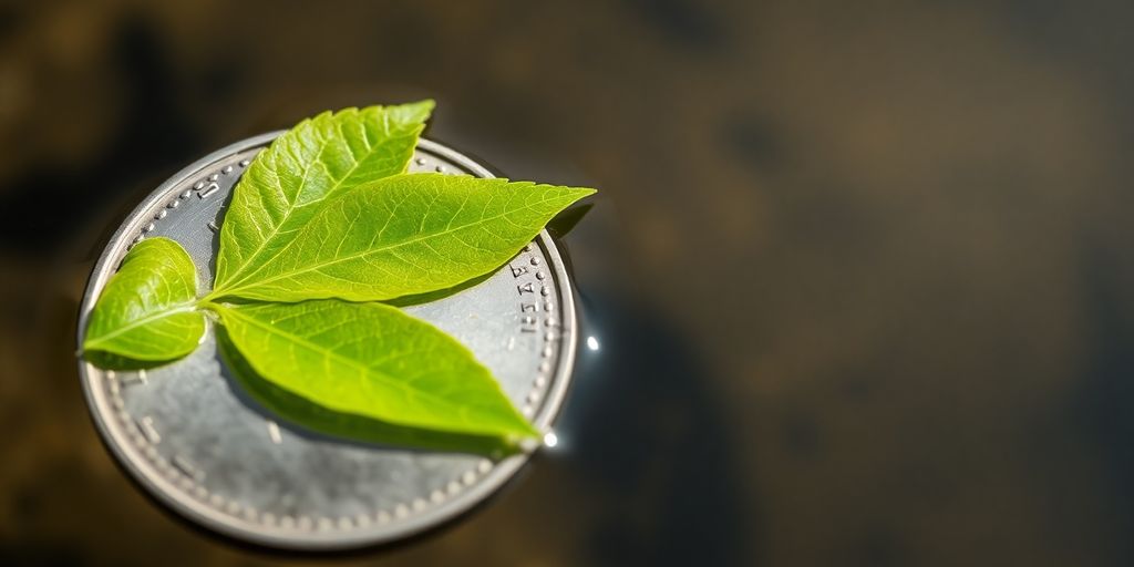 Symbole d'argent avec une feuille verte et une goutte d'eau.