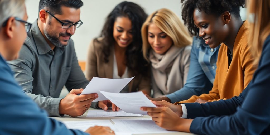 Diverse team collaborating on legal documents at a table.