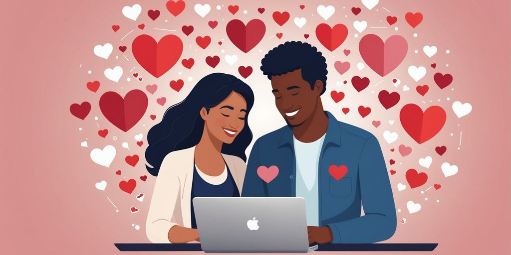 Couple using laptop with love icons