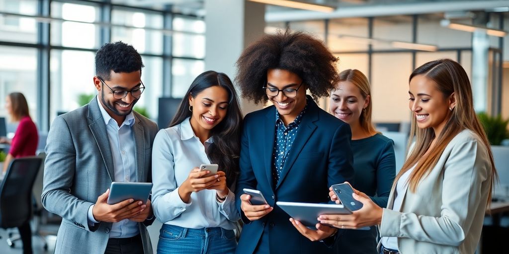 Diverse professionals collaborating with technology in an office.