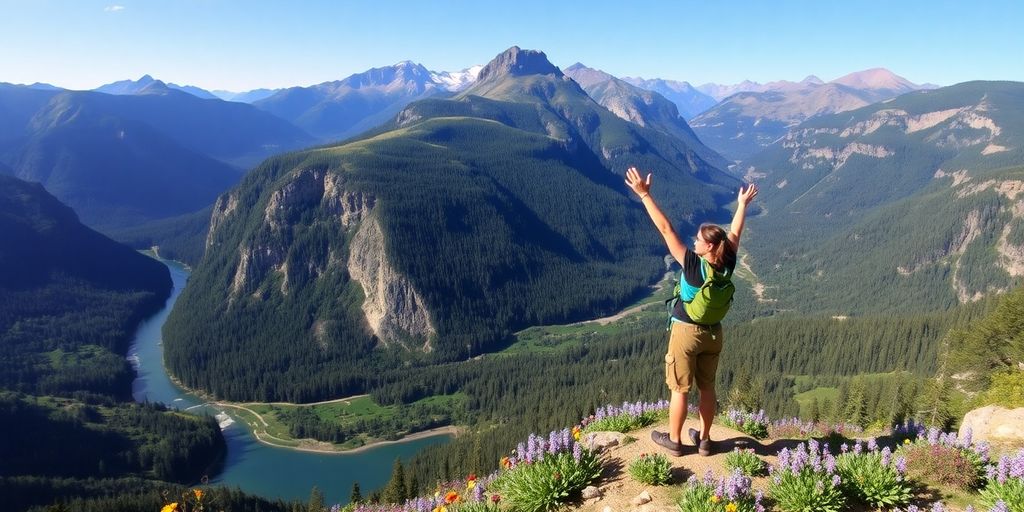 Hiker celebrating at a scenic mountain viewpoint with nature.