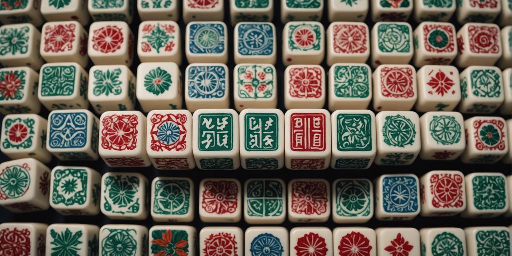 A colorful collage displaying different artistic styles of Mahjong tile sets with intricate designs.