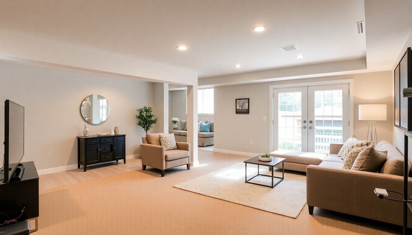 Refurbished basement with modern furniture and bright lighting.