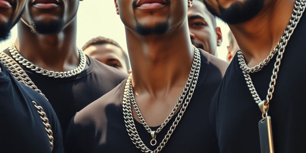 Close-up of diverse men wearing various stylish chains.