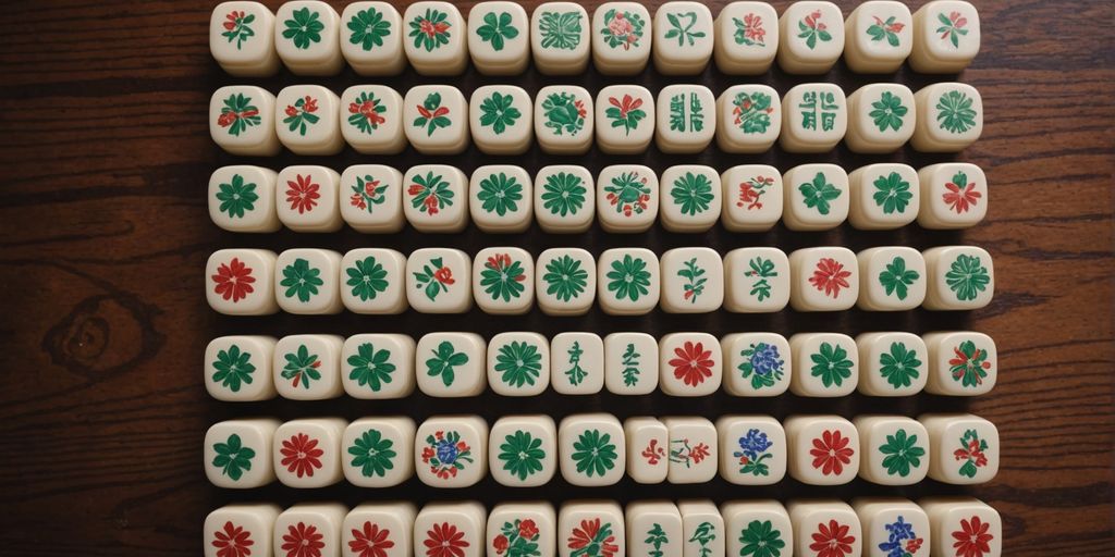 Colorful American Mahjong tiles on wooden table