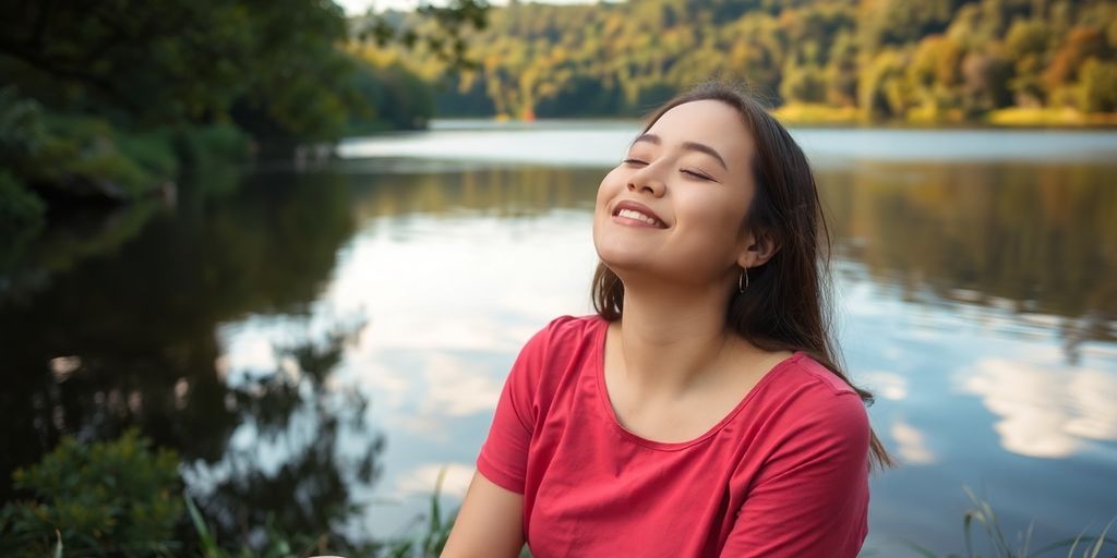 Woman peacefully meditating outdoors near a serene lake.