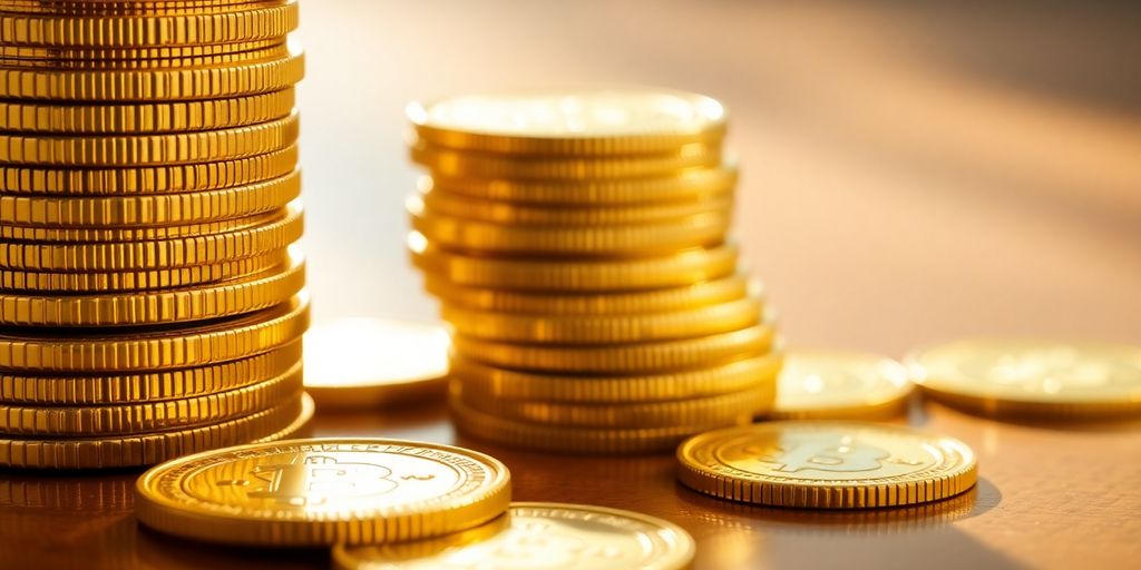 Pièces d'or brillantes empilées sur une surface en bois.