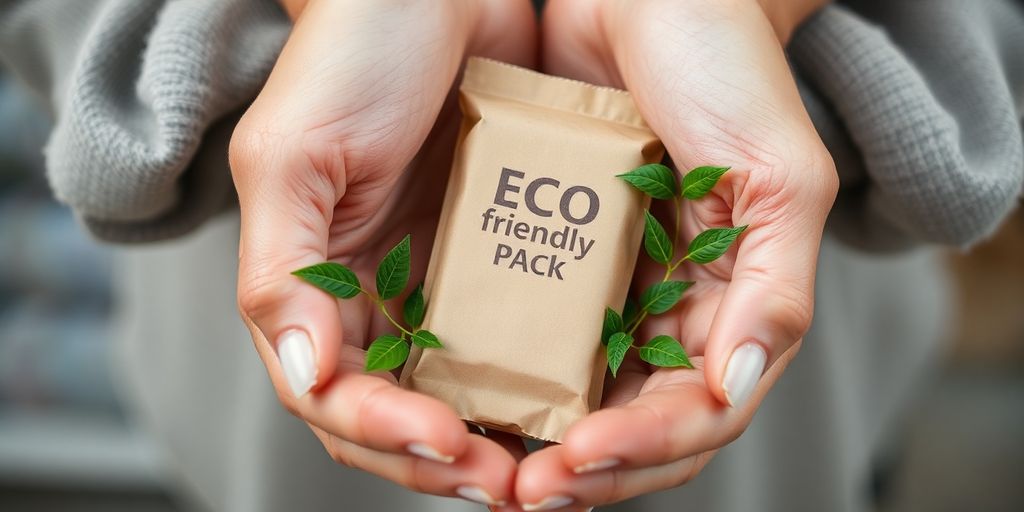 Hands holding recyclable packaging with green leaves.