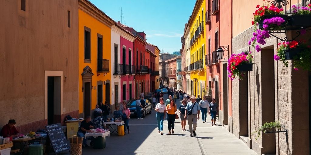 Colorful buildings, bustling streets, vibrant city life in Mexico.