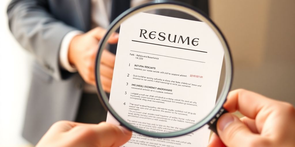 Magnifying glass over resume with a handshake.