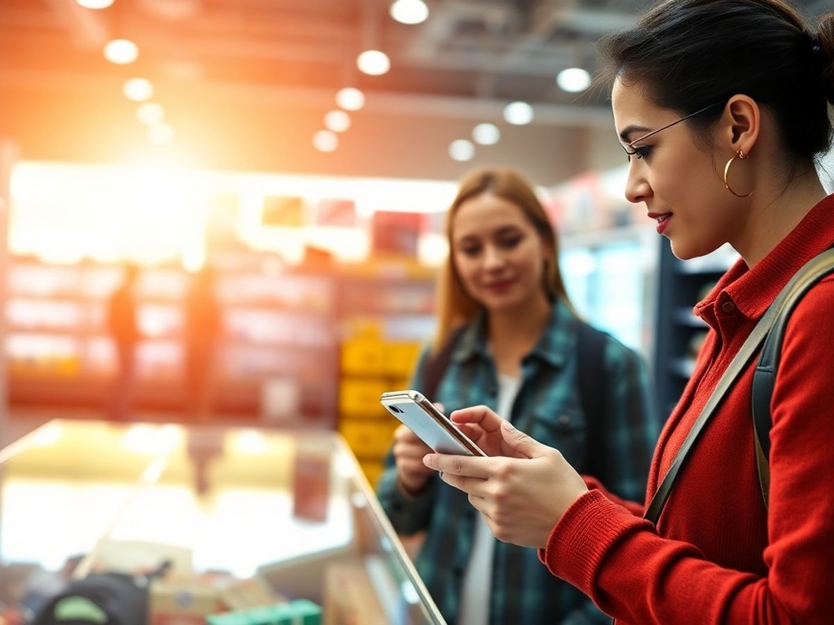 Consumator interacționând cu un produs într-un magazin.