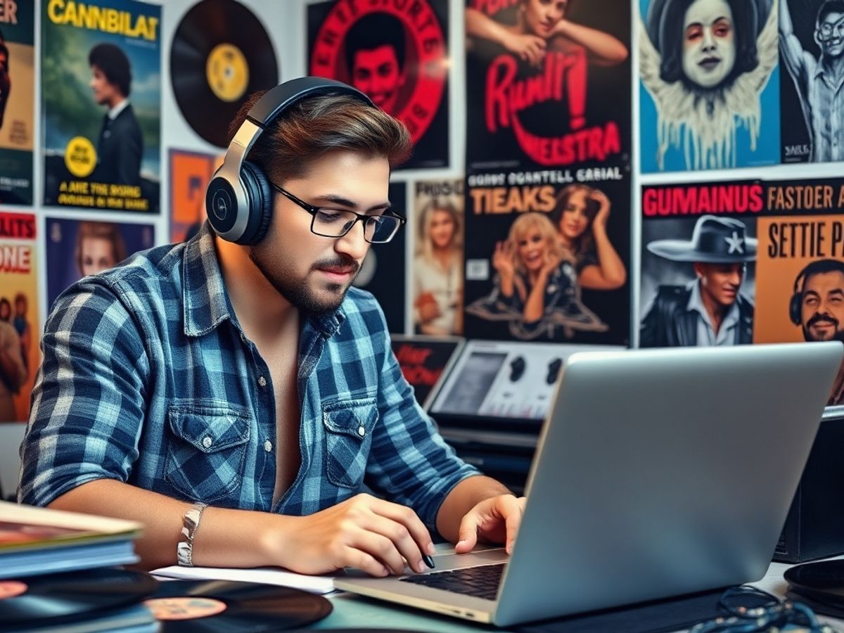 Music reviewer writing with headphones and vinyl records.