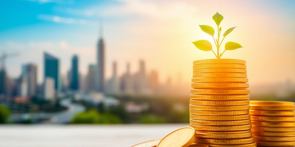 Golden coins stacked, growing plant, rising sun.