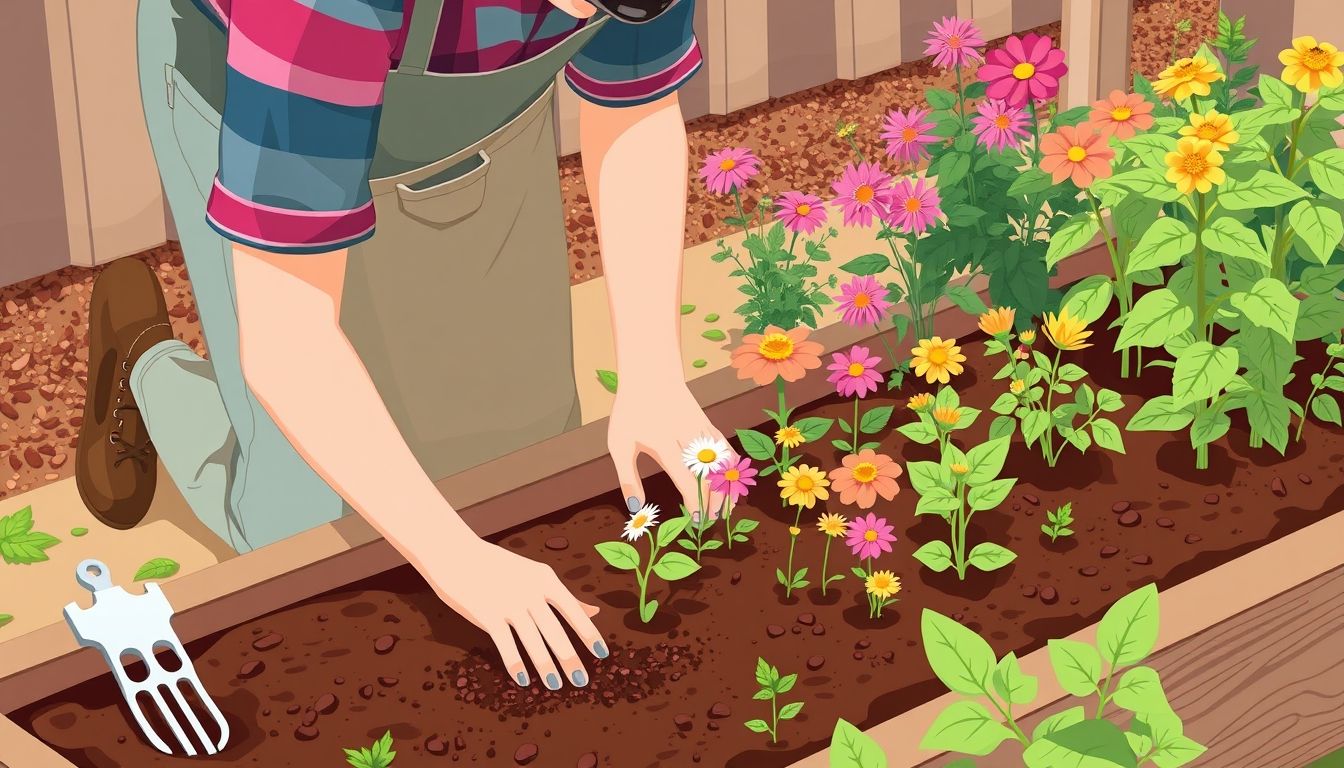 Gardener planting flowers in raised bed with clay soil.