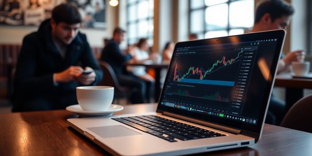 Laptop in a coffee shop for cryptocurrency trading.