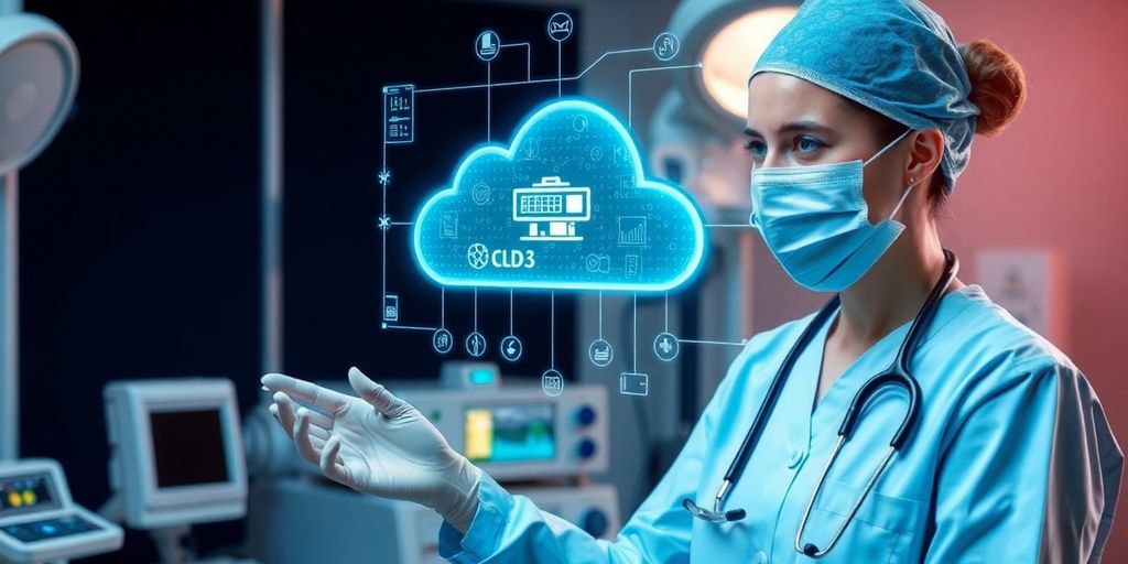 Healthcare professional using cloud technology in a medical setting.