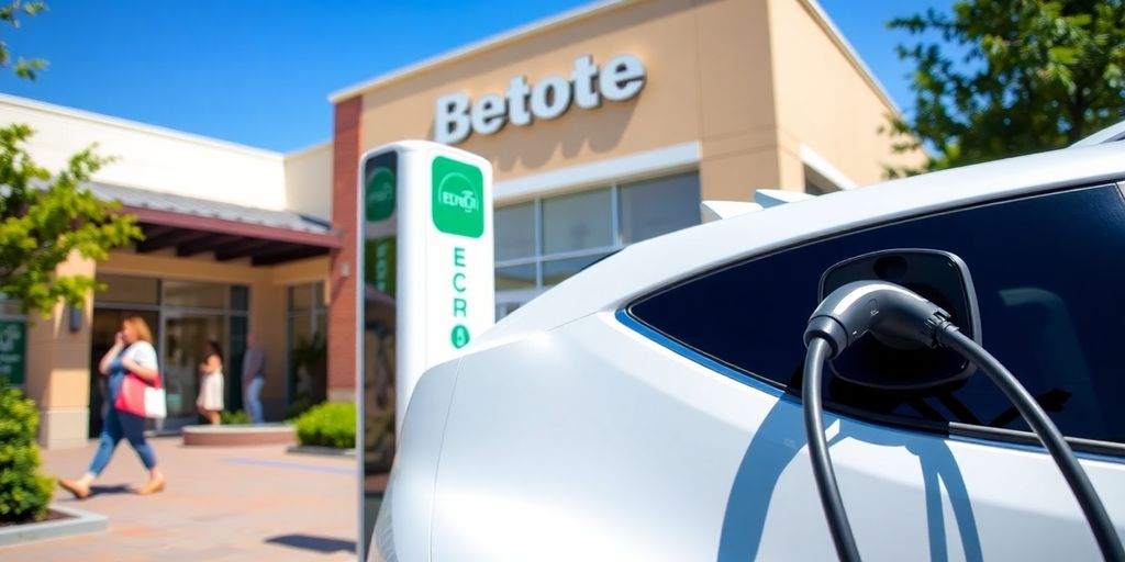 Electric vehicle charging station at a retailer location.