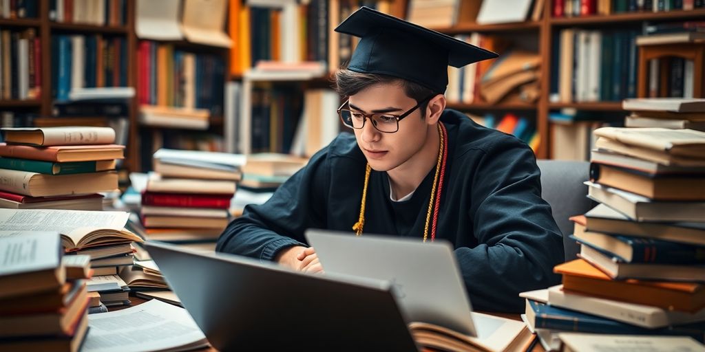 Graduate student studying in a cozy, book-filled environment.