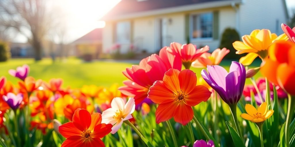 Blooming flowers, sunshine, and a house