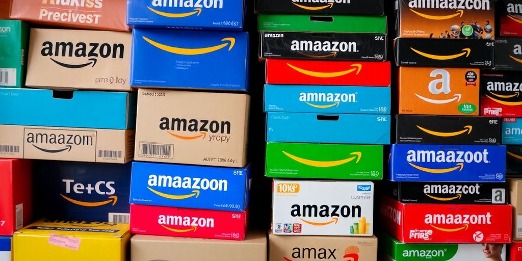 Amazon product packages in a vibrant, competitive display.
