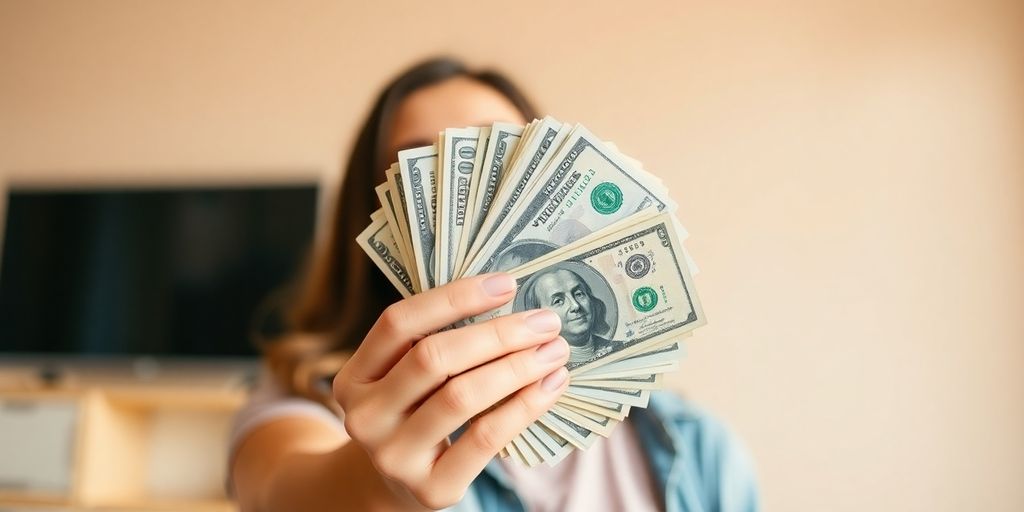 Person smiling, holding a stack of cash.
