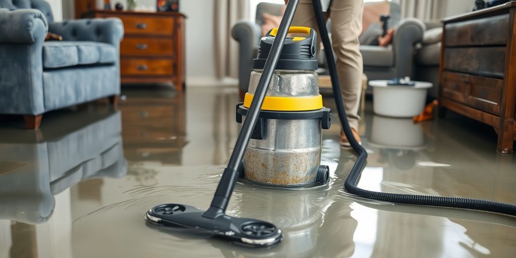 Homeowner using a vacuum to remove water from floor.