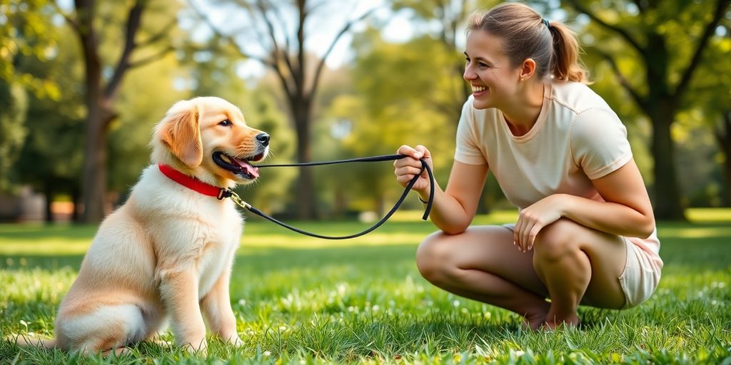 Happy puppy and owner training in a park.