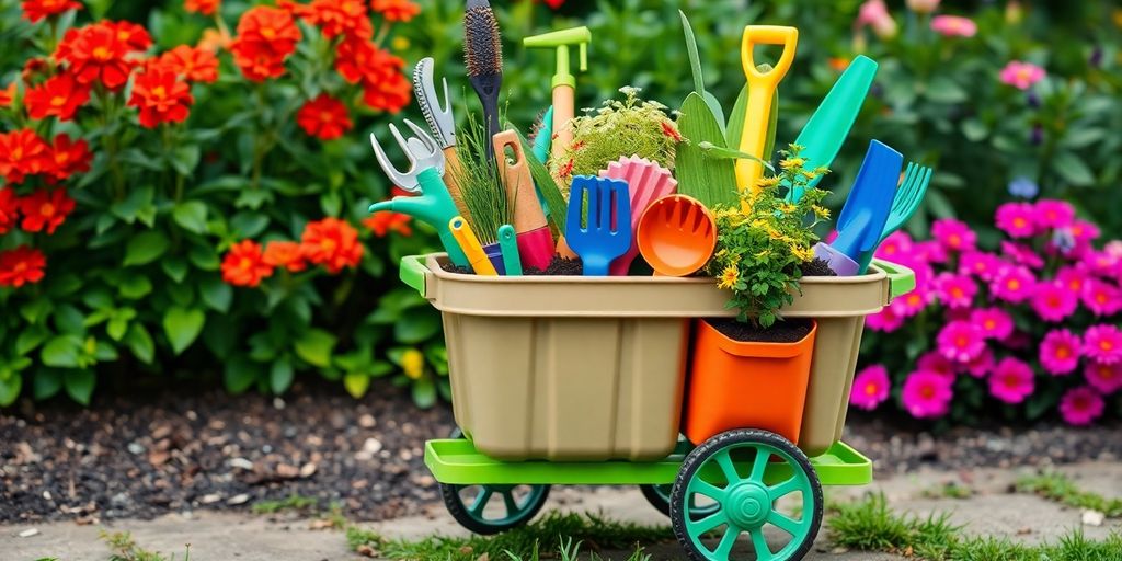 Wheeled garden tool caddy loaded with colorful gardening supplies.
