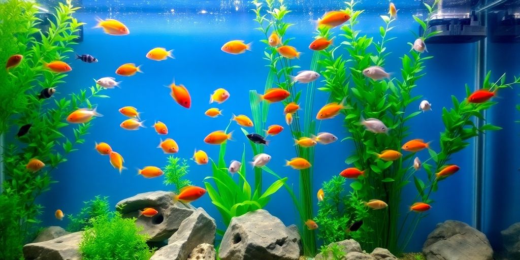 色彩斑斓的鱼在郁郁葱葱的家庭水族箱中。