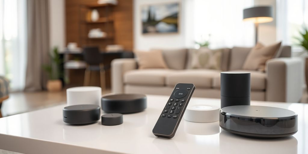 Dispozitive smart home și o telecomandă universală pe o masă