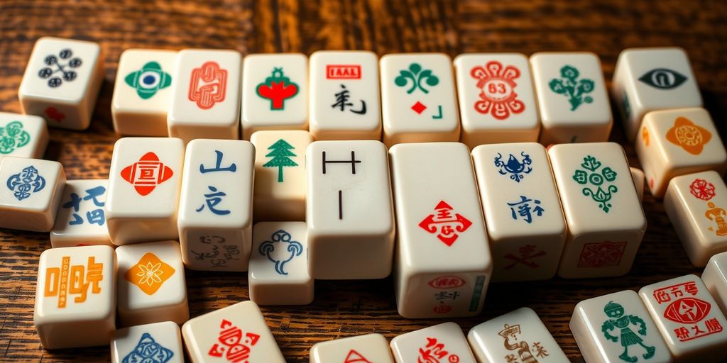 Colorful Mahjong tiles on a wooden background.