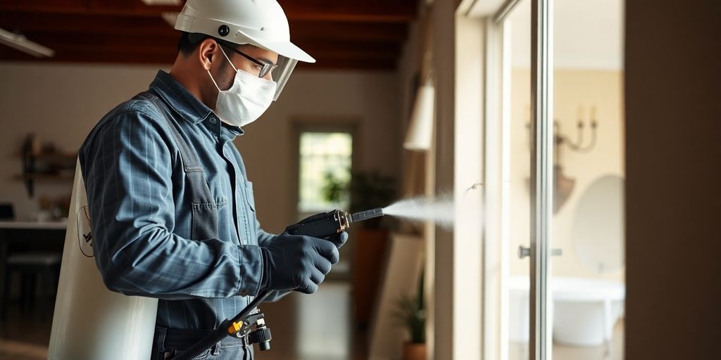 Tehnician de dezinsecție aplicând tratament în interior.