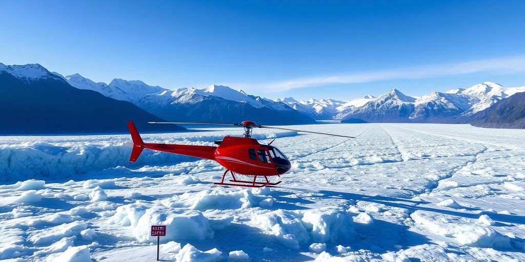 A red helicopter landed on a vast Alaskan glacier.