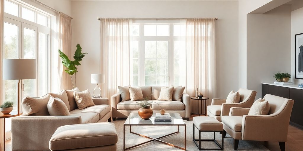 Modern living room with stylish sofa and chairs.
