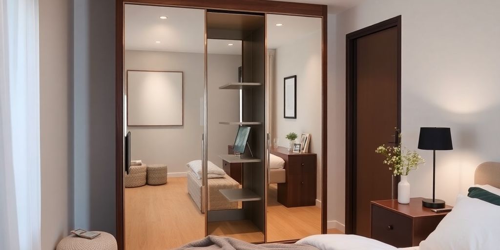 Modern sliding door wardrobe in a small bedroom.
