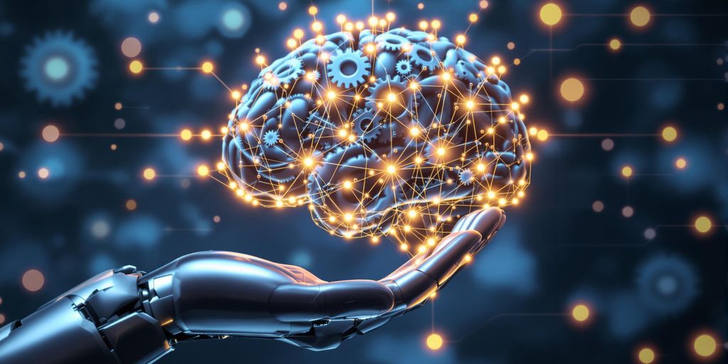 Robot hand, gears, glowing brain connections