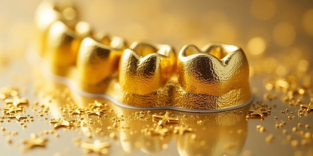 Des morceaux d'or dentaire brillants et détaillés.