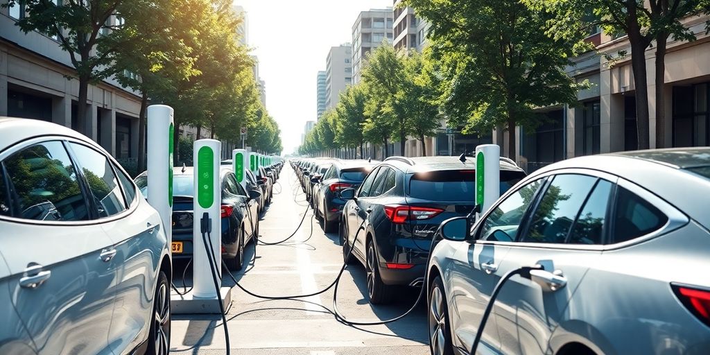 Electric vehicle charging stations in a vibrant city setting.