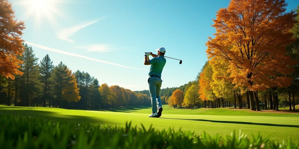 Golfer swinging club on a lush golf course.