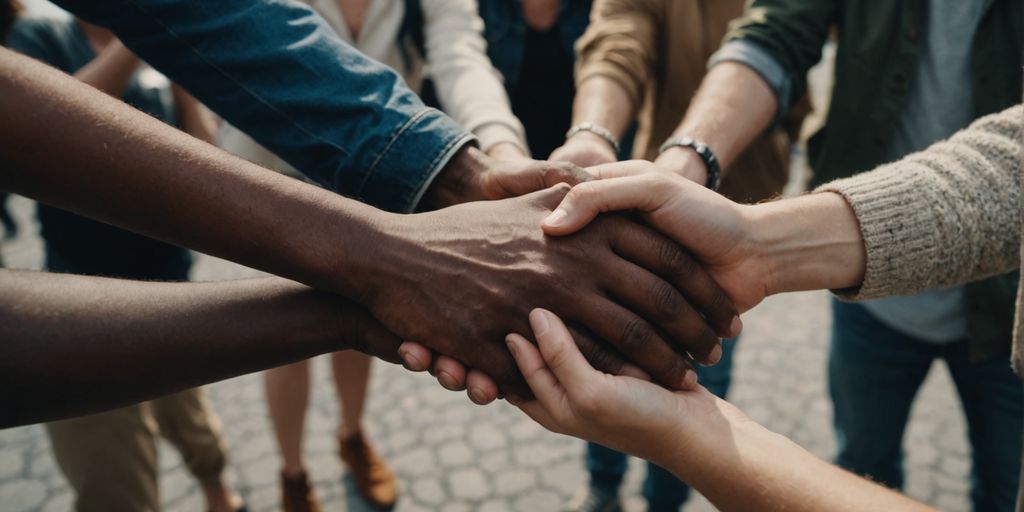 Diverse group holding hands, symbolizing unity in polyamory.