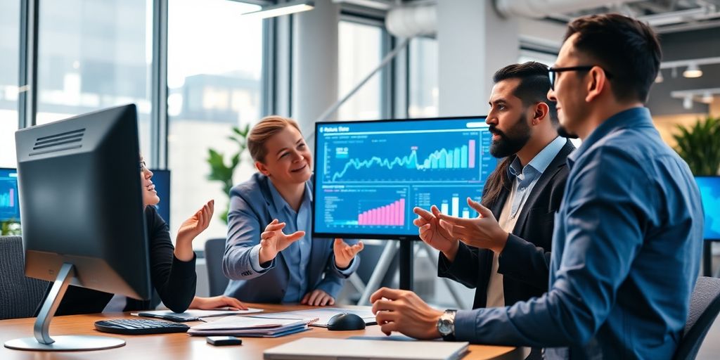 Business team collaborating with AI technology in modern office.